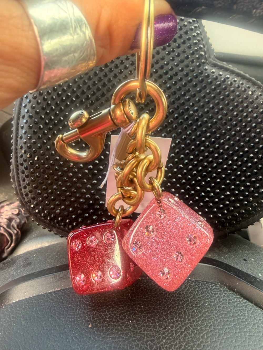 Coach Gold-Tone Keyring with Pink and Red Glitter Dice Charms